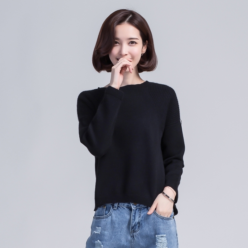 秋冬女式山羊绒衫纯色套头圆领前短后长羊绒衫加厚针织毛衣百
