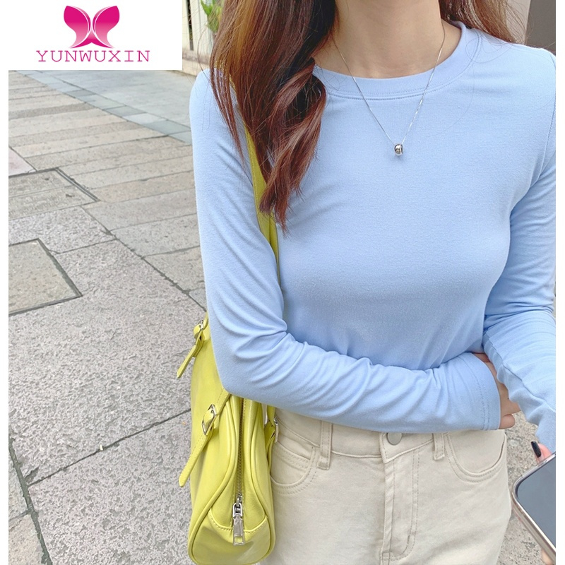 YUNWUXIN奶蓝/淡黄/白色 秋季长袖t恤洋气修身内搭打底衫女短款上衣纯欲风T恤