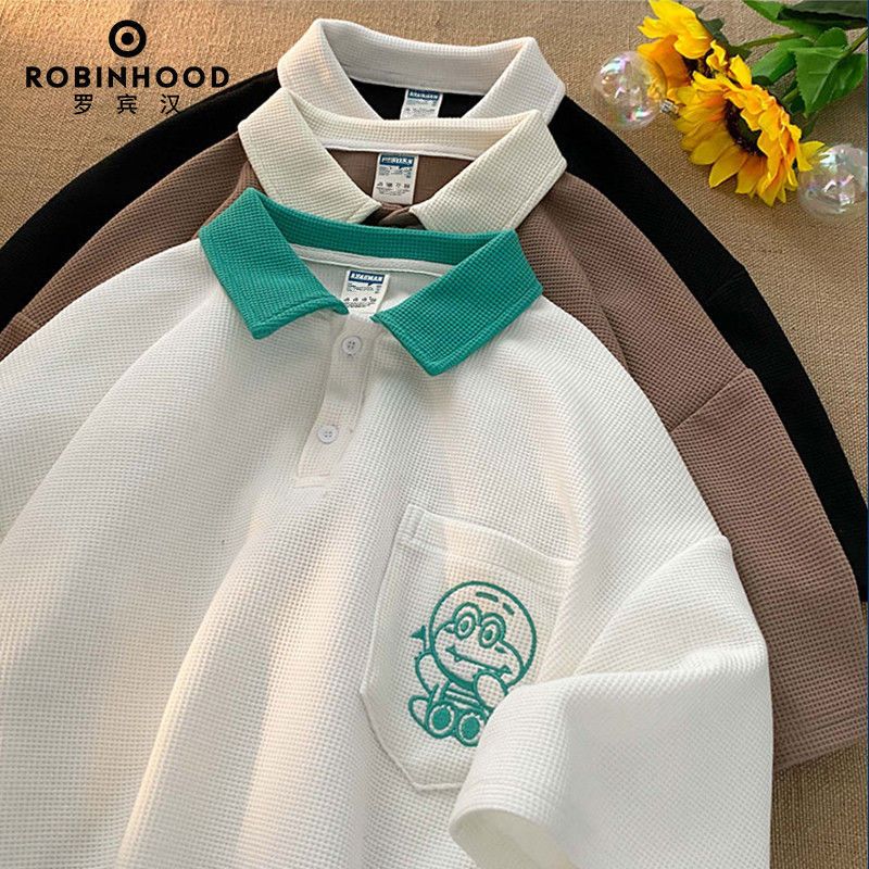 robinhood罗宾汉新款华夫格短袖男t恤女夏季宽松polo衫情侣装上衣视频