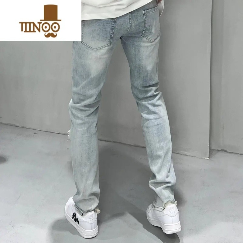 YANXU高端牛仔裤男破洞2022夏季新款韩版修身小脚时尚百搭微弹牛仔长牛高清大图