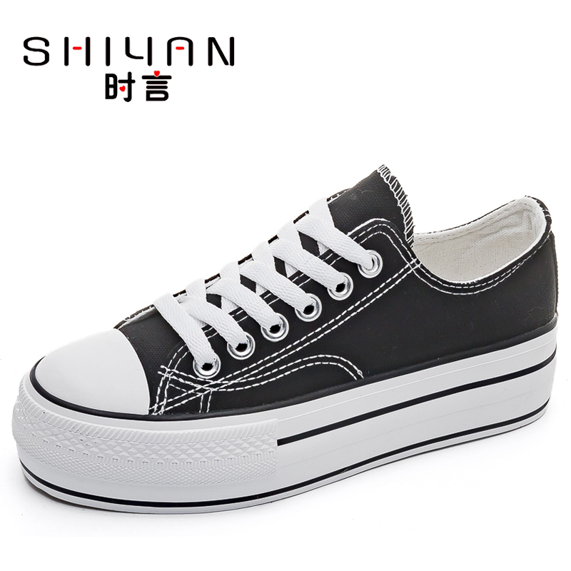 时言(SHIYAN)帆布鞋女2022春夏新款学院风厚底松糕增高女鞋潮流百搭布面女士板鞋