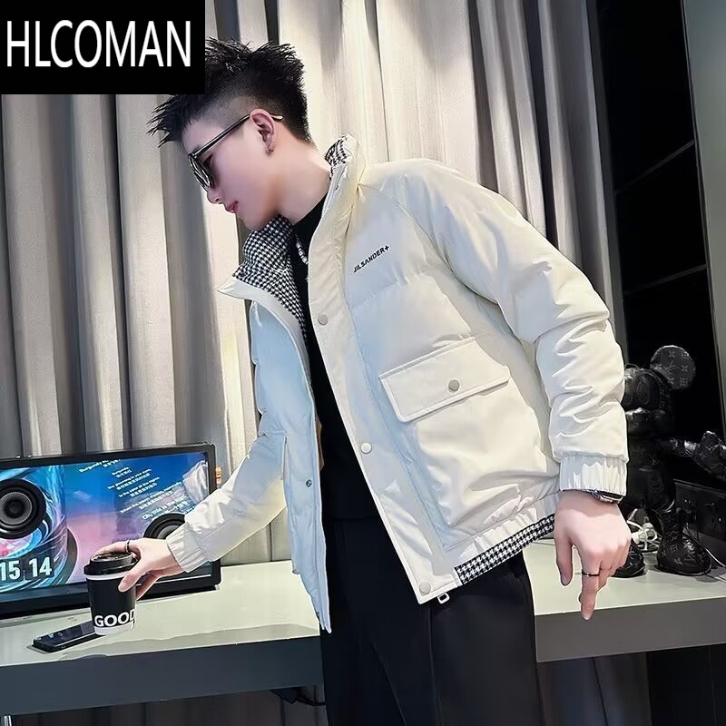 HLCOMAN冬季潮牌羽绒棉服男潮流假工装棉衣2024新款男士休闲立领外套 L H25白色