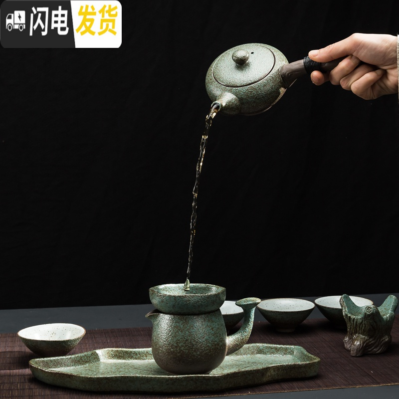 三维工匠日式功夫茶具套装家用陶瓷快客茶杯茶壶粗陶简约便携旅行一壶二杯 春色侧把一壶2杯+盘+茶巾茶夹