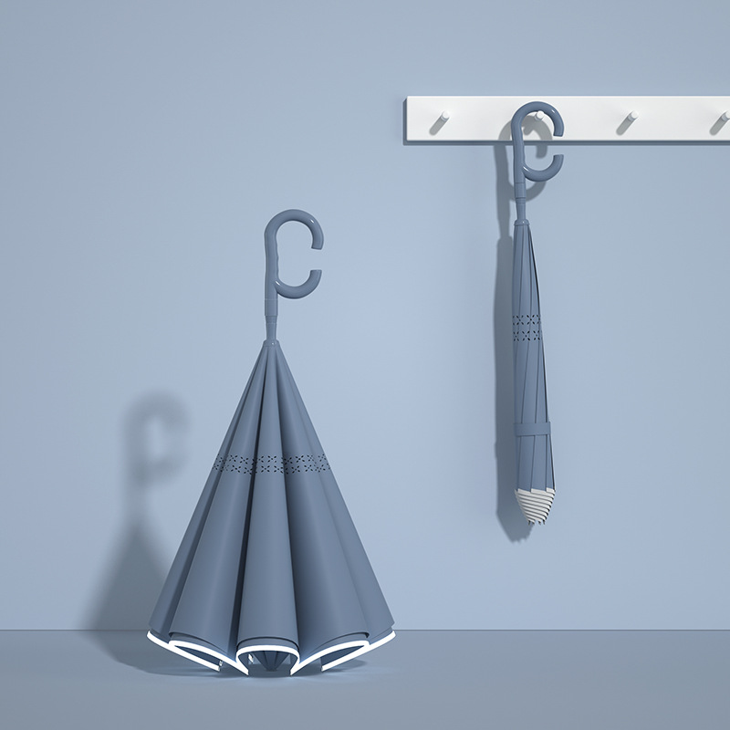 旭晴双层反向8骨直杆双层带反光条超大晴雨两用伞 雾霾蓝（自动伞）