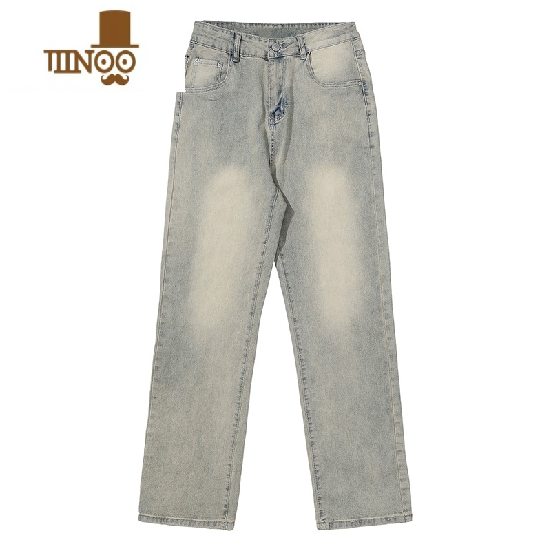 YANXU欧美式黄泥色水洗牛仔裤男潮牌2023新款复古高街宽松直筒长裤高清大图