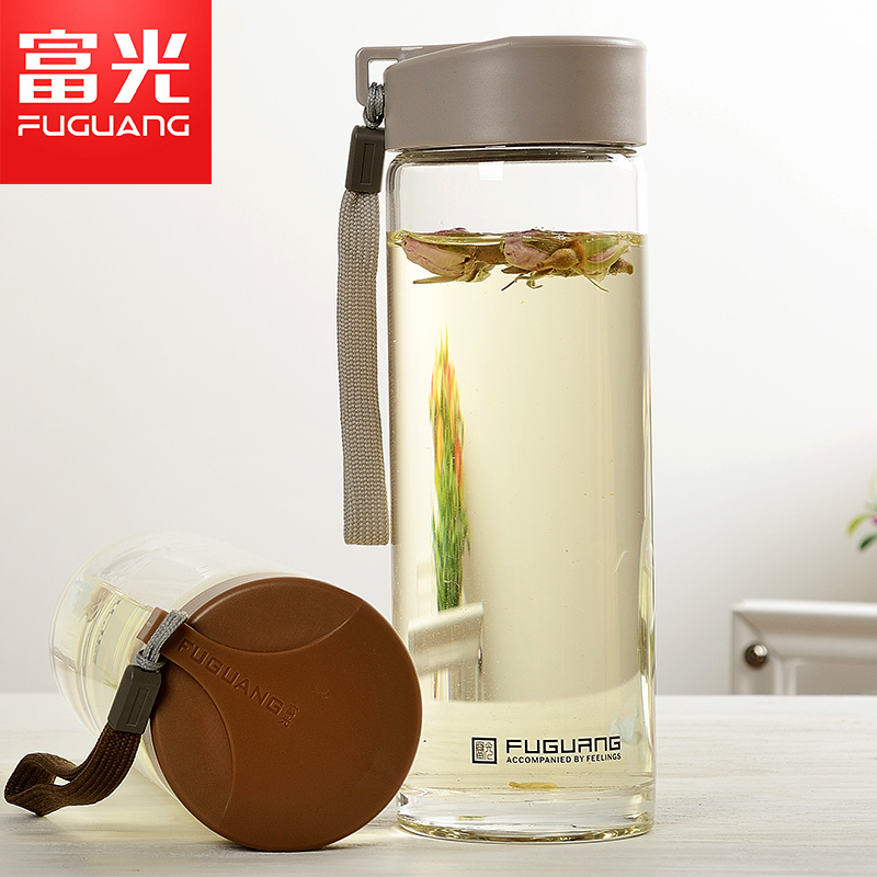 富光(FUGUANG)玻璃杯G1311-620 620ml大容量双层玻璃杯带提手带盖的创意水杯商务办公便携男女水杯