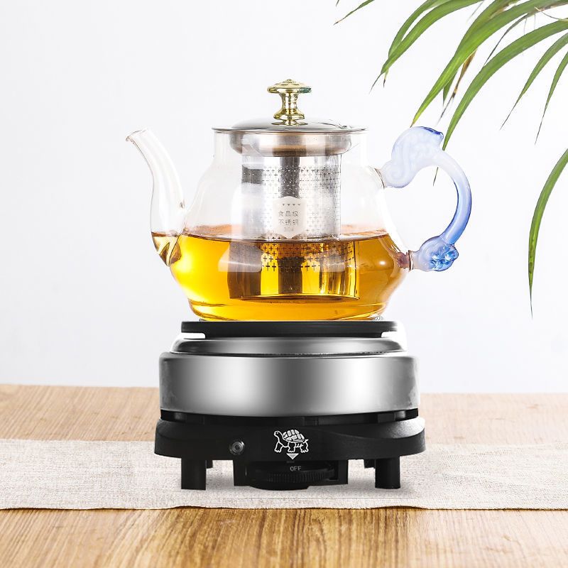 加热玻璃煮茶壶套装全套养生玻璃花茶壶煮茶炉茶具家用小型烧水壶 600毫升蓝把手平底壶 壶+新款800W电热炉