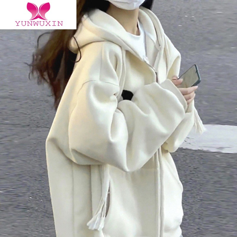 YUNWUXIN2022新款oversize慵懒风奶fufu连帽卫衣女奶系拉链开衫外套