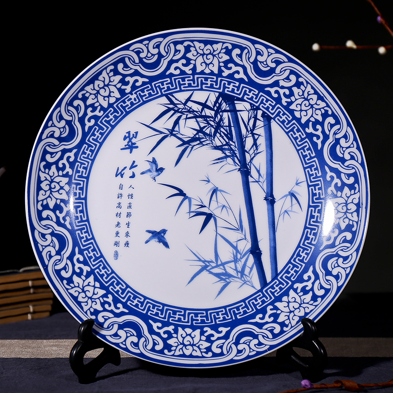 景德镇陶瓷器 青花牡丹瓷盘子摆件 瓷盘看盘装饰工艺品 陶瓷盘画 三维工匠 清明上河图