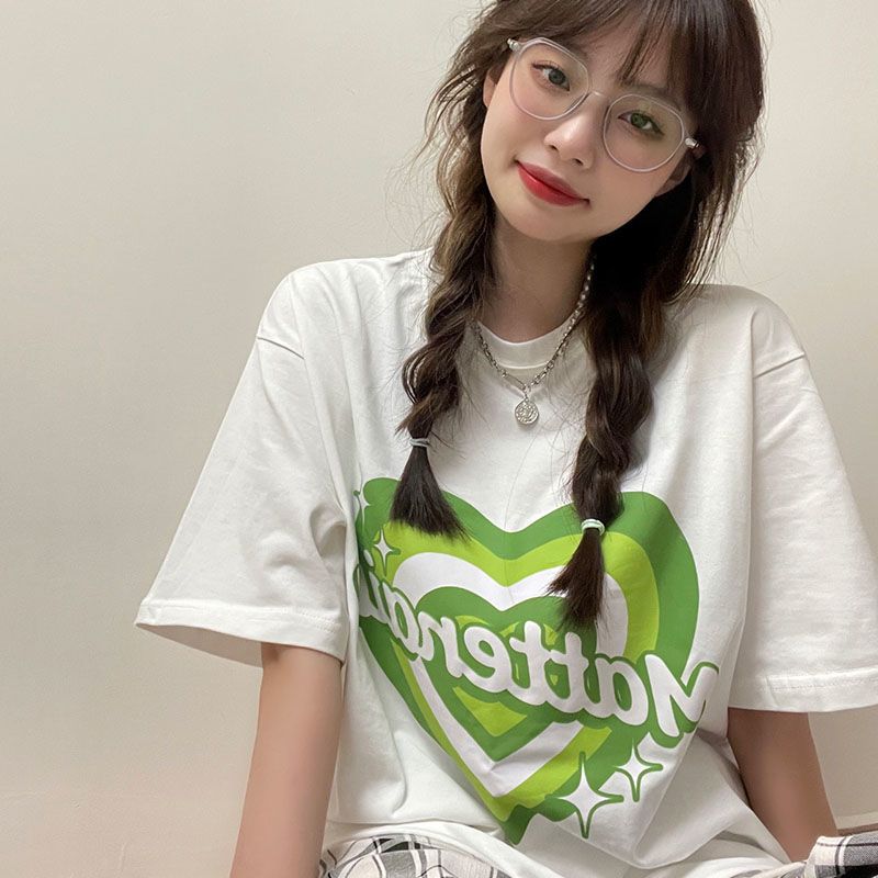oukabuyi夏季纯棉t恤女日系爱心印花短袖韩版ins潮宽百搭上衣