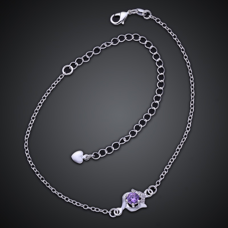 A034 Women Jewelry Silver Anklet 镀银饰品花朵紫锆石脚链女潮送女朋友七夕情人节礼物
