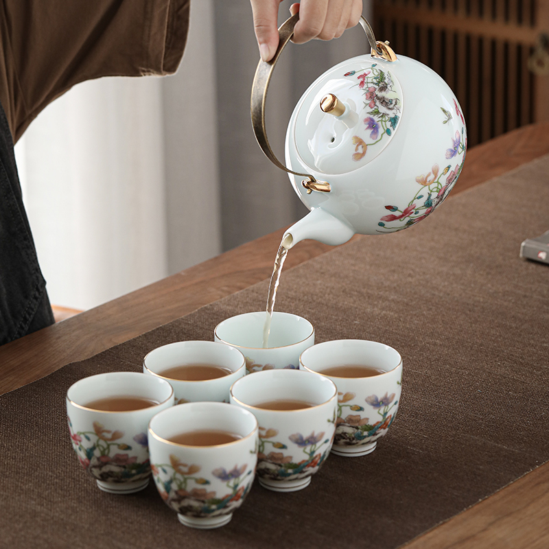 苏氏陶瓷茶具套组 国色天香提梁壶大壶大杯描金礼盒茶具