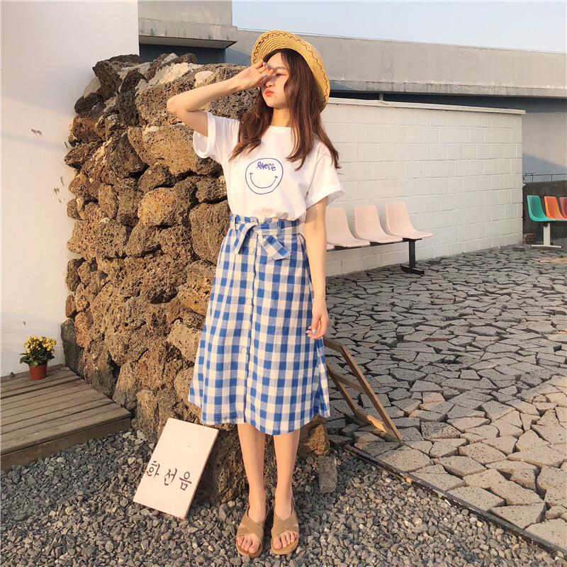 韩版时尚休闲套装夏装女装宽松短袖T恤上衣+高腰格子半身裙两件套蓝格子均码