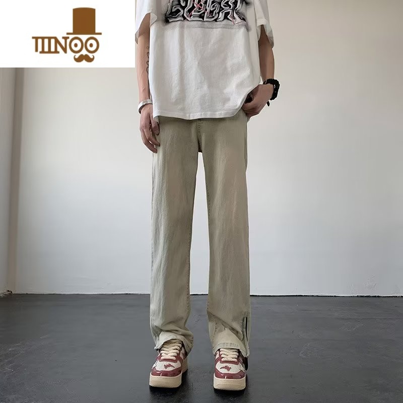 YANXU黄泥微喇牛仔裤男夏季复古水洗裤子美式高街潮牌直筒侧边拉链长裤高清大图