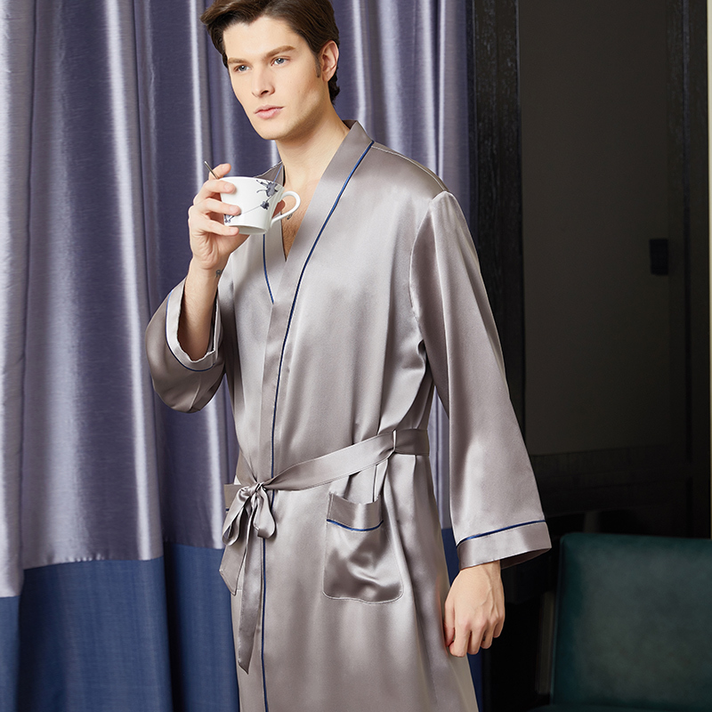 诗贝妮重磅19姆米真丝睡衣男士100桑蚕丝长袖睡袍浴袍夏季丝绸家居服