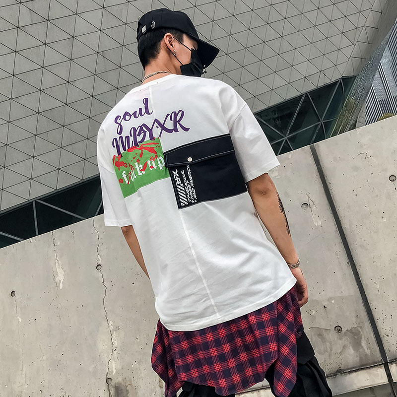春夏新款短袖男T恤欧美街头印花撞色半袖时尚宽松潮牌青年体恤衫