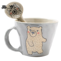 鼎亨日式文艺陶瓷杯子创意北极熊粗陶咖啡杯马克杯带勺卡通杯