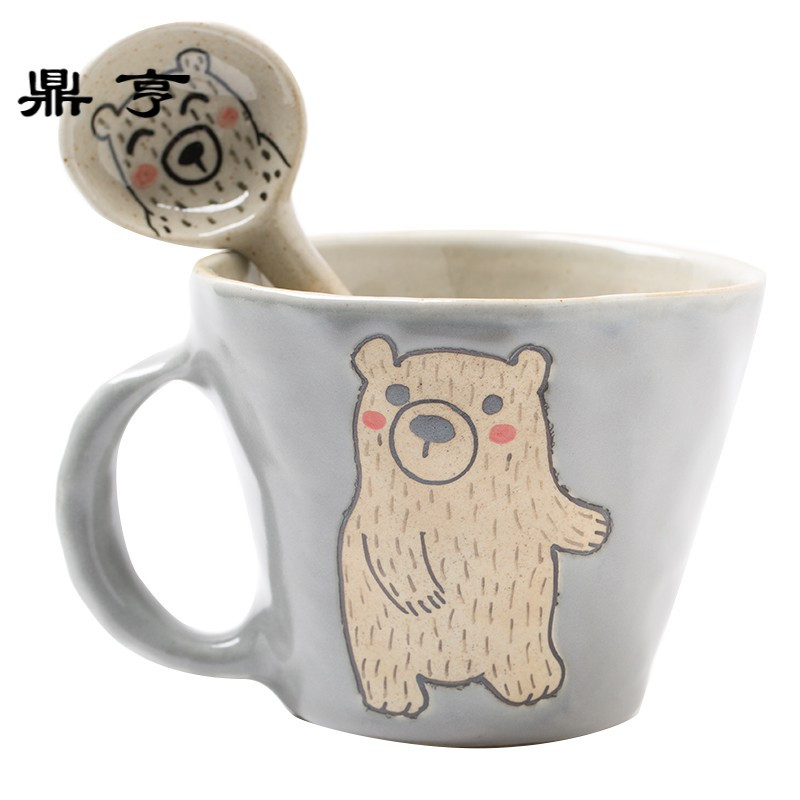鼎亨日式文艺陶瓷杯子创意北极熊粗陶咖啡杯马克杯带勺卡通杯