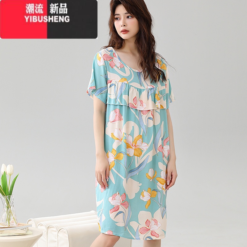 YIBUSHENG季防凸点印花睡裙女凉感家居服短袖棉绸大码人造棉宽松舒适中人 2XL90-110斤 8号
