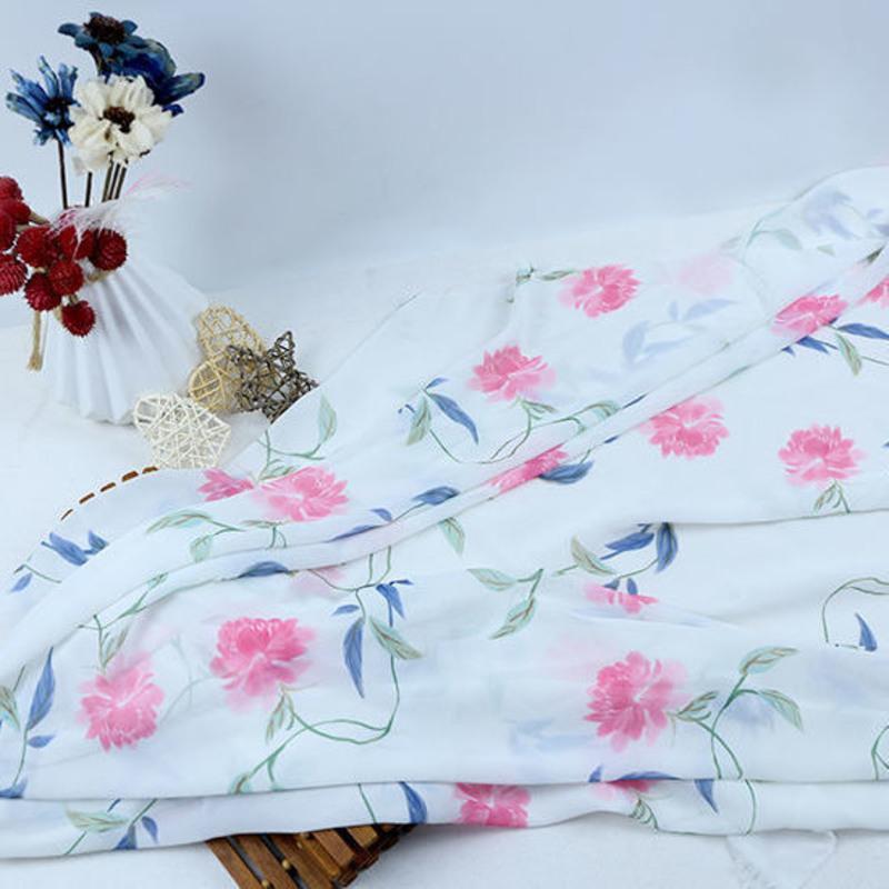 50d印花雪纺布料古风丝绸古装汉服裙子布料丝巾春夏衣裙服装面料浅蓝