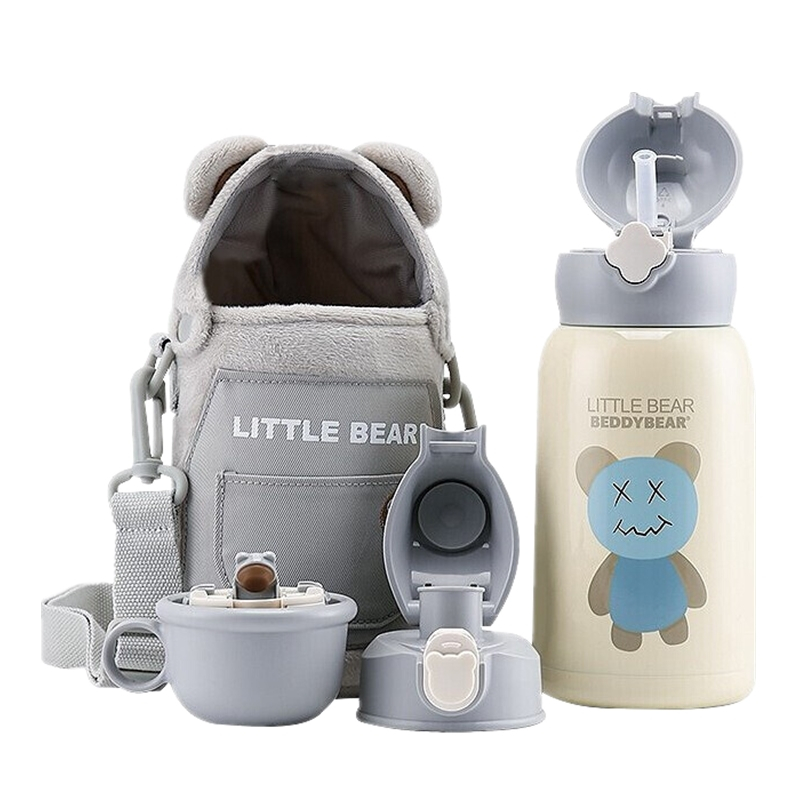 (免费刻字)毛绒熊杯具熊儿童保温杯带吸管儿童水杯316不锈钢内胆宝宝学饮杯儿童保温壶630mlBEDDYBEAR