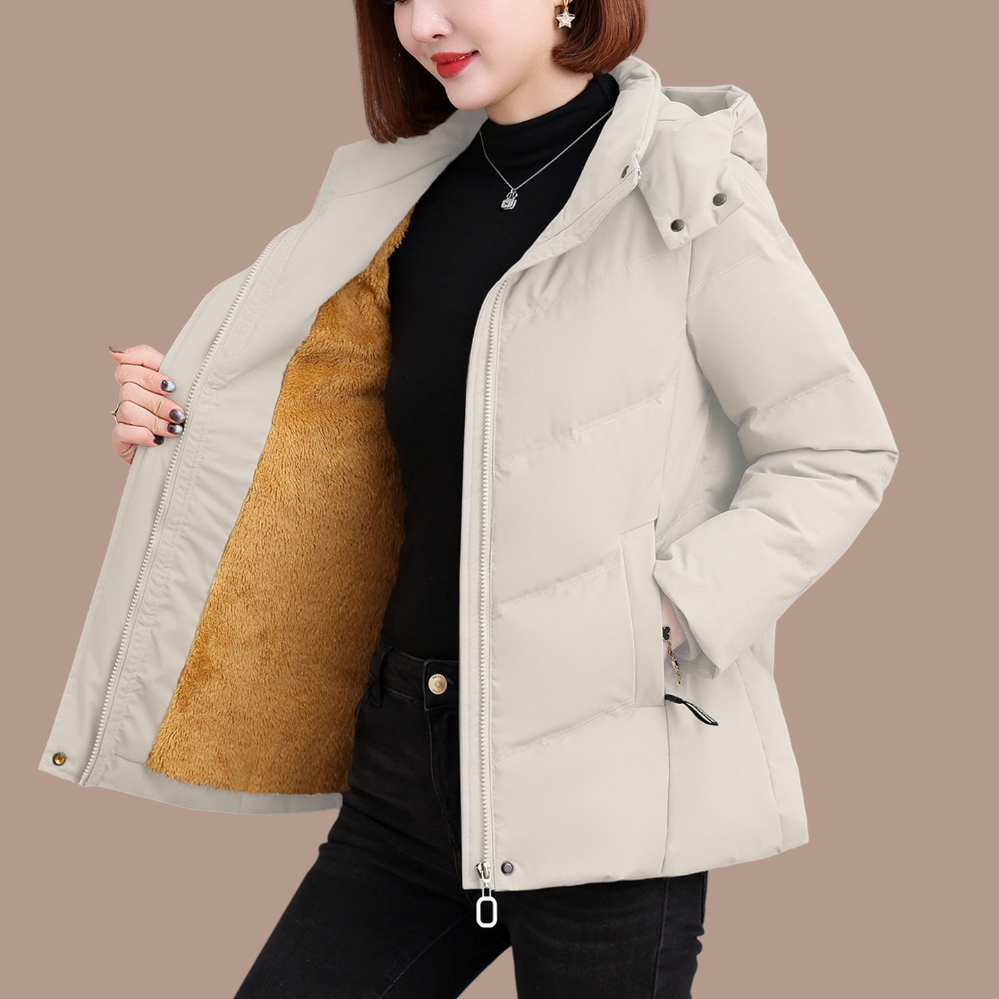 羽绒服冬季女款2025新款短款加绒加厚保暖显瘦不臃肿女士外套 L推荐100-115斤 米白色