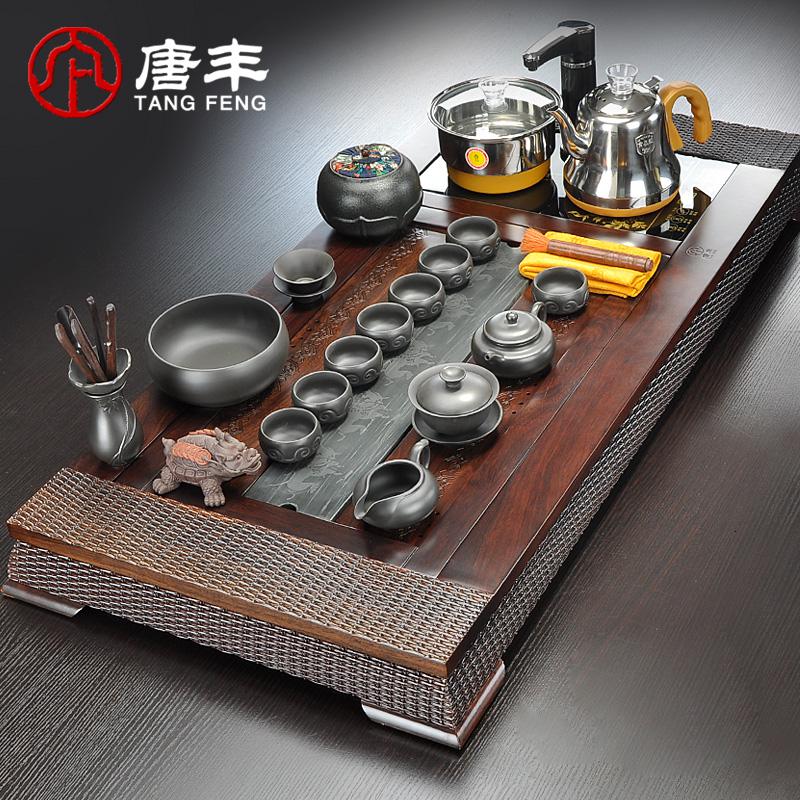 家柏饰(CORATED)大号黑檀实盘乌金石陶瓷功夫茶具套装四合一电热炉茶台z高清大图