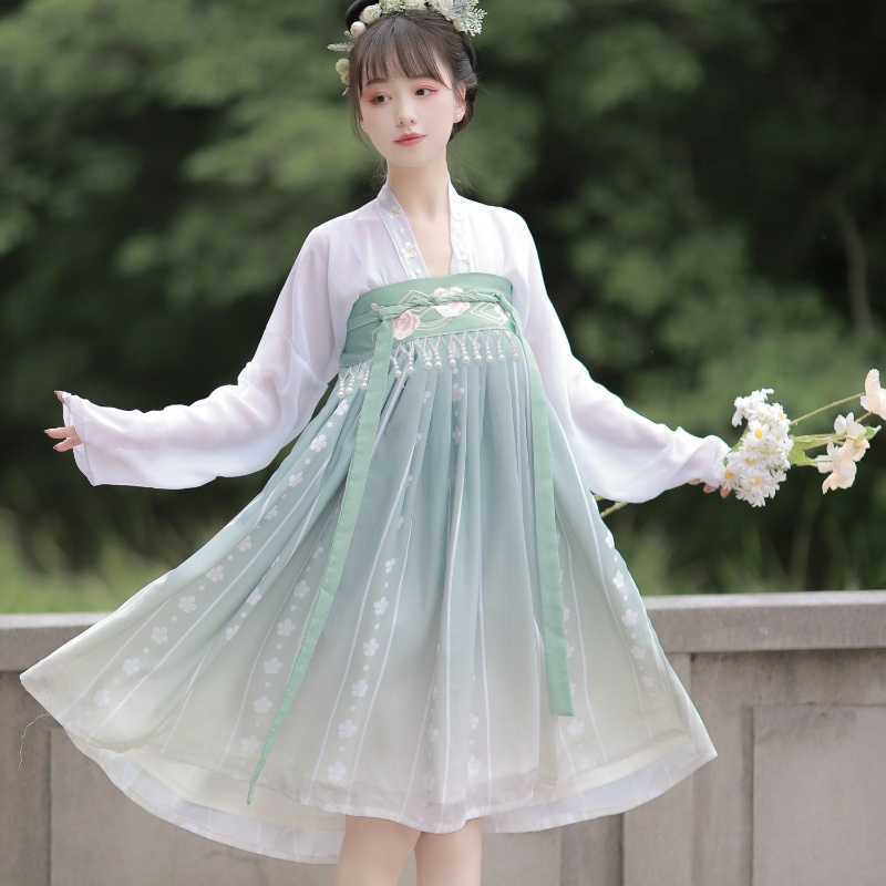 云麓集春雨烟齐胸襦裙套装日常汉服女短款汉元素女刺绣印花春夏款 春雨烟套装 S