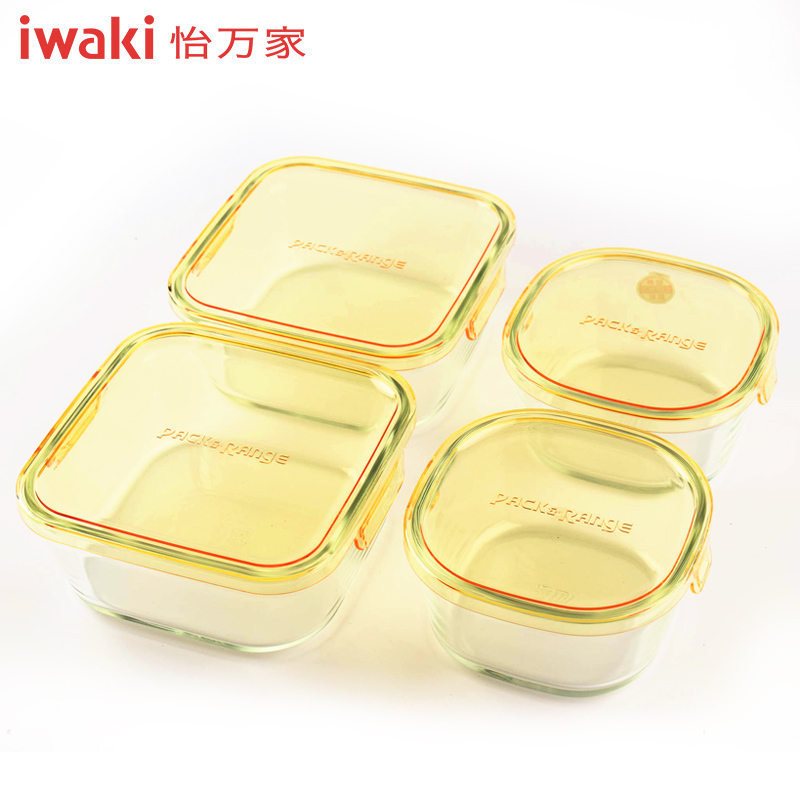 [百年品牌精致生活,高端耐热玻璃保鲜盒]CAPRN-4Y1C怡万家iwaki耐热玻璃PACK&RANGE保鲜盒马卡龙4件