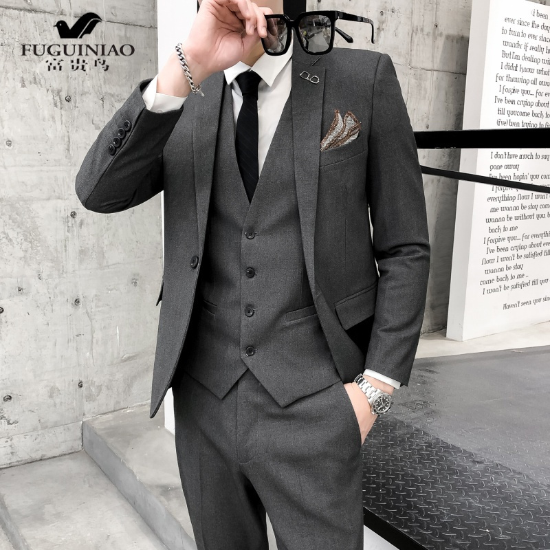 niao时尚英伦西服马甲裤子三件套男士结婚新郎伴郎宴会礼服西装套装潮