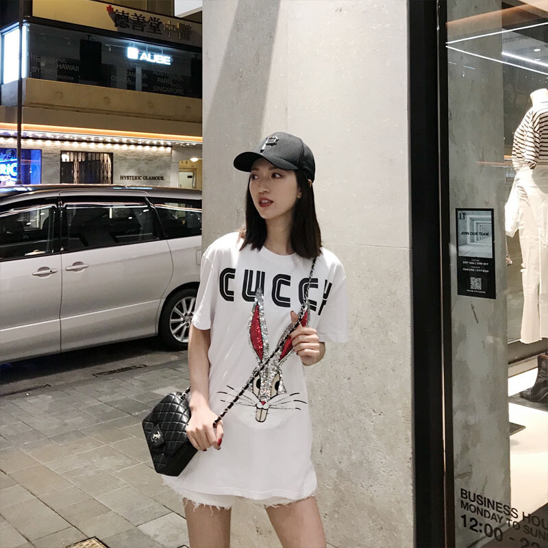 2018春夏款兔子亮片刺绣体恤女纯棉宽松中长款男女情侣装T恤
