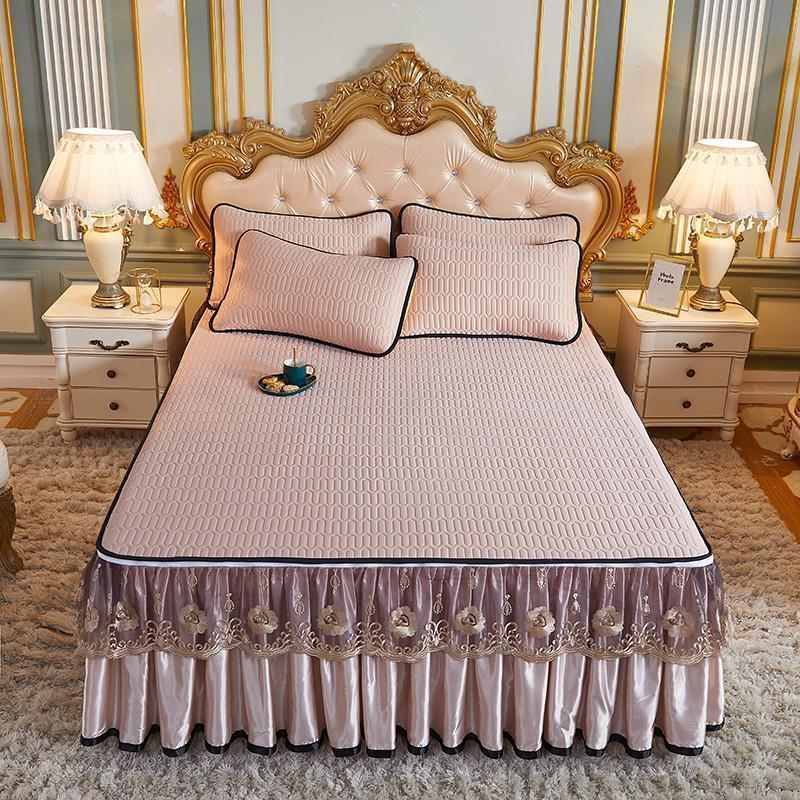 美帮汇乳胶床裙凉席1.8m床三件套空调软席子1.5可水洗折叠席藤席2.0米 米驼色（可拆卸床裙款乳胶凉席，美观易打理） 1.8m（6英尺）床