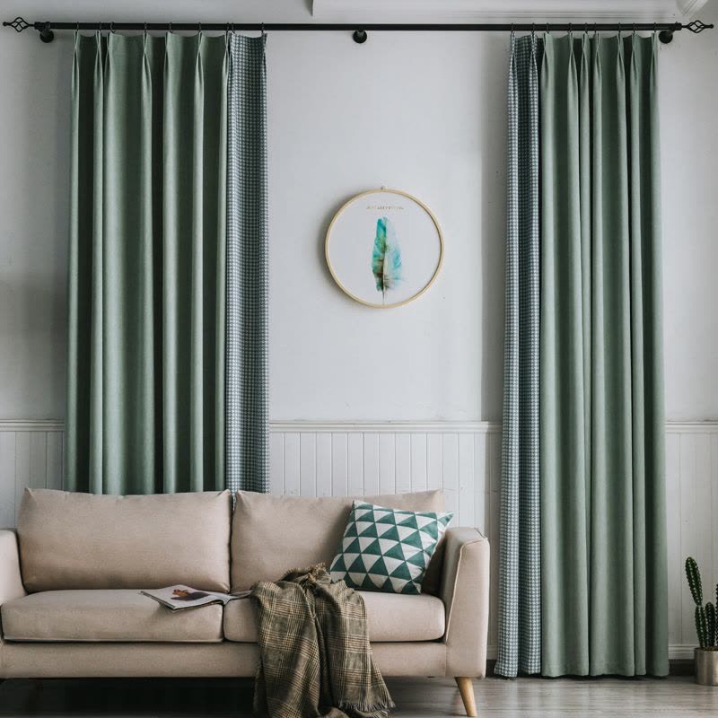 幸福派 遮光窗帘千鸟格北欧简约现代挂钩雪尼尔窗帘打孔窗帘飘窗客厅帘子遮阳布纯色拼色轻奢卧室挂钩窗帘图片