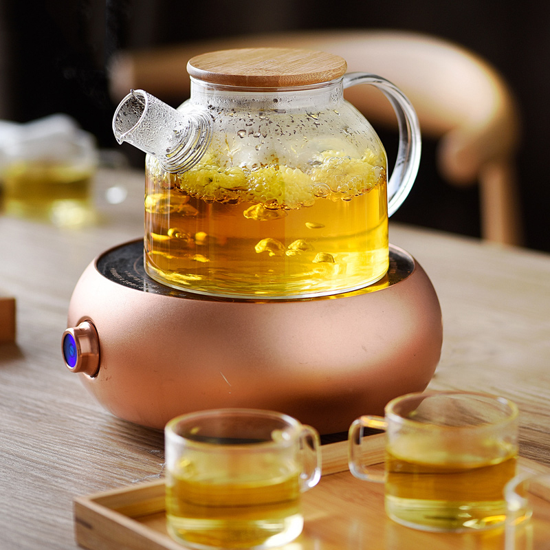 青苹果玻璃茶壶高硼硅玻璃耐热茶壶 明火直烧壶 一壶四杯+木托盘