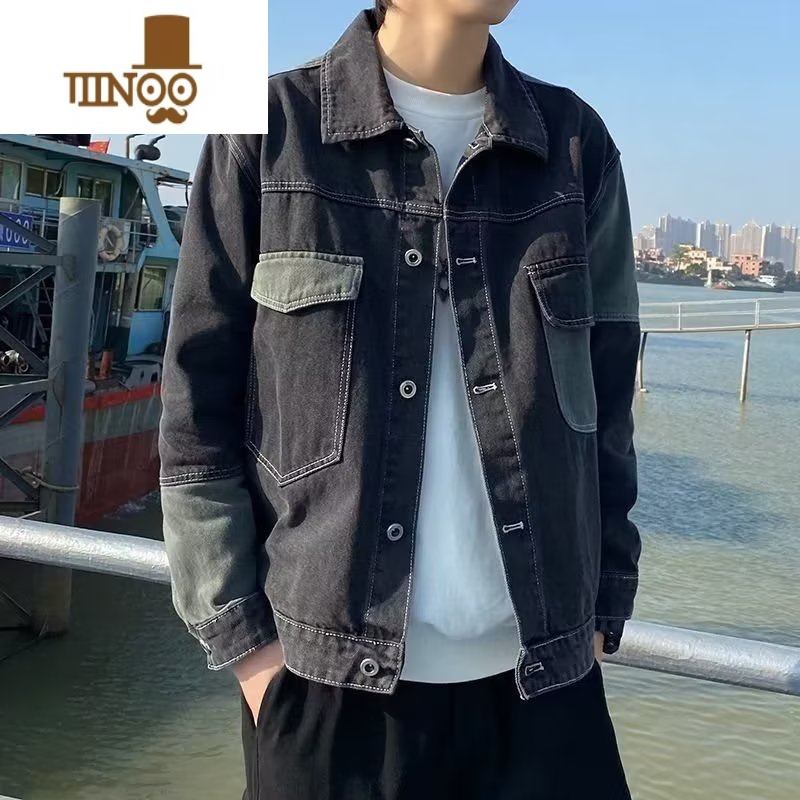 YANXU2023秋季拼接撞色牛仔外套男士潮牌宽松百搭潮流翻领工装休闲上衣高清大图