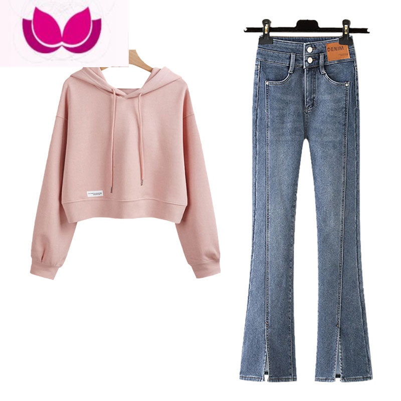 七斓可盐可甜炸街套小个子穿搭减龄短款卫衣微喇叭牛仔裤套装女春高清大图