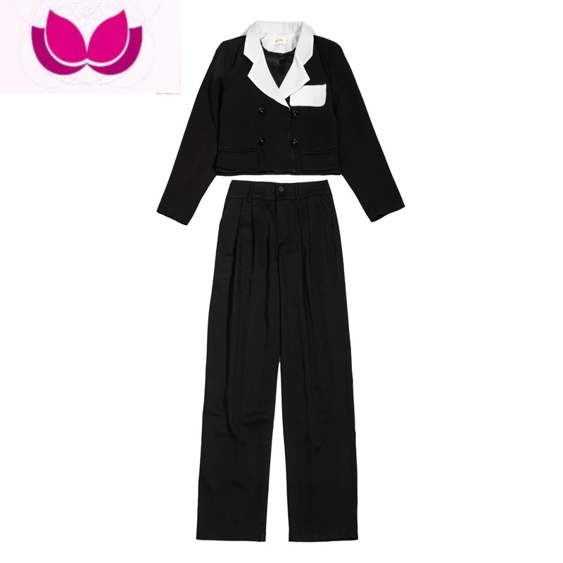 七斓炸街短款小西装套装女秋2023新款黑白撞色西服上衣长裤休闲套高清大图