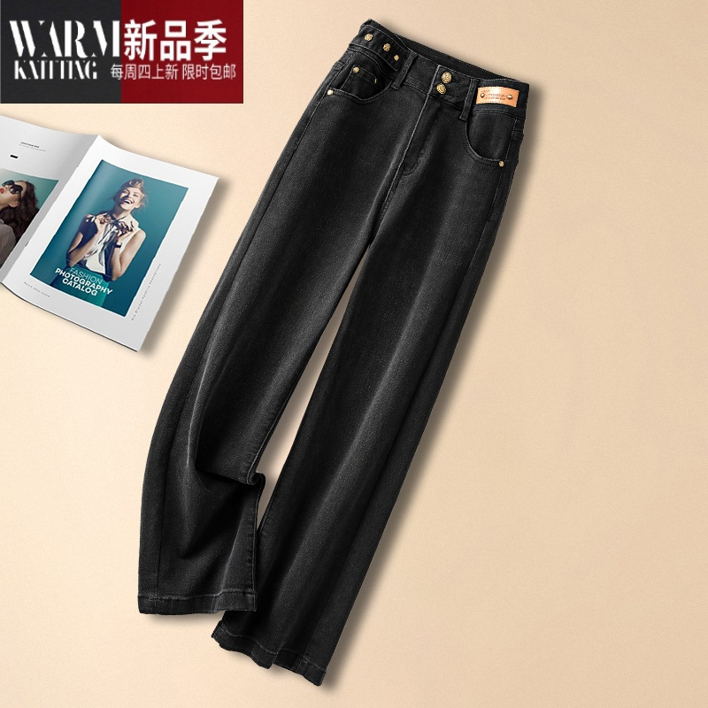 SHANCHAO黑色牛仔裤女2023年新款款高腰窄版阔腿裤宽松筒裤夏季薄款