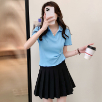 唐狮新款短袖打底polo衫女内搭短款上衣2024春夏流行漂亮小衫 L 清水蓝