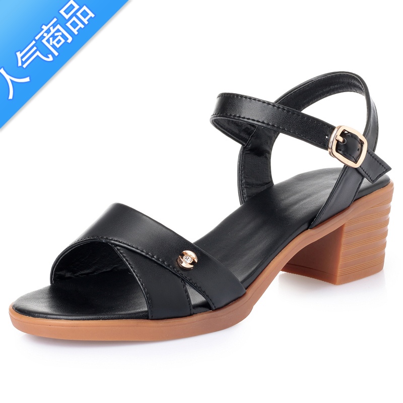 SUNTEK全粗跟凉鞋女夏天牛筋底百搭中年防滑软底大码妈妈鞋鞋子高清大图