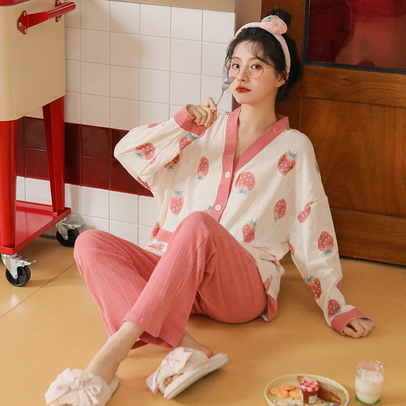 权小威 秋冬新款睡衣女长袖棉质韩版开衫日系和服卡通可爱少女家居服