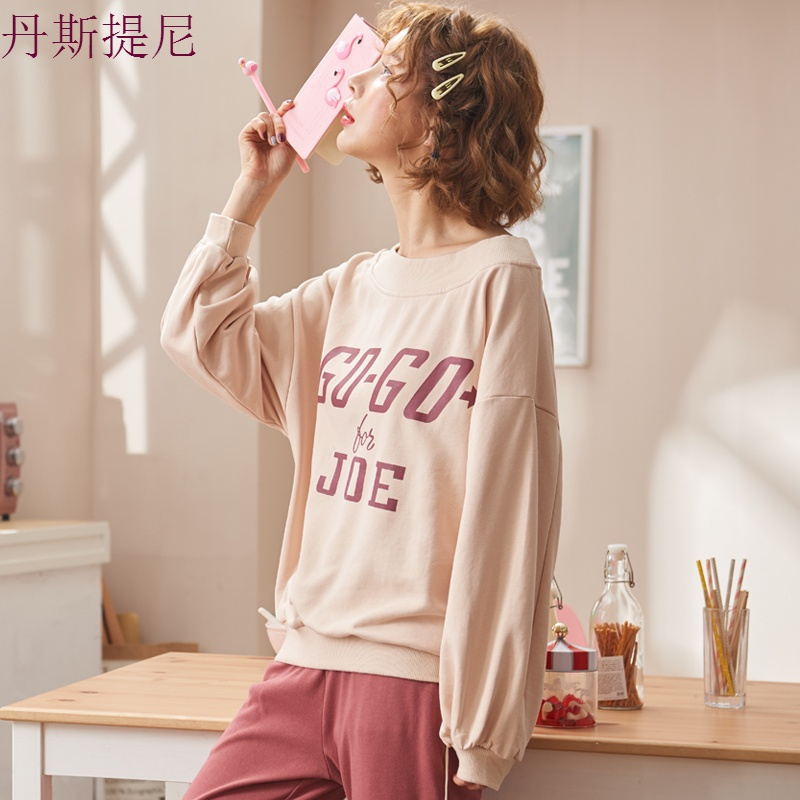睡衣女长袖春秋季纯棉韩版清新学生宽松甜美家居服夏薄款两件套装