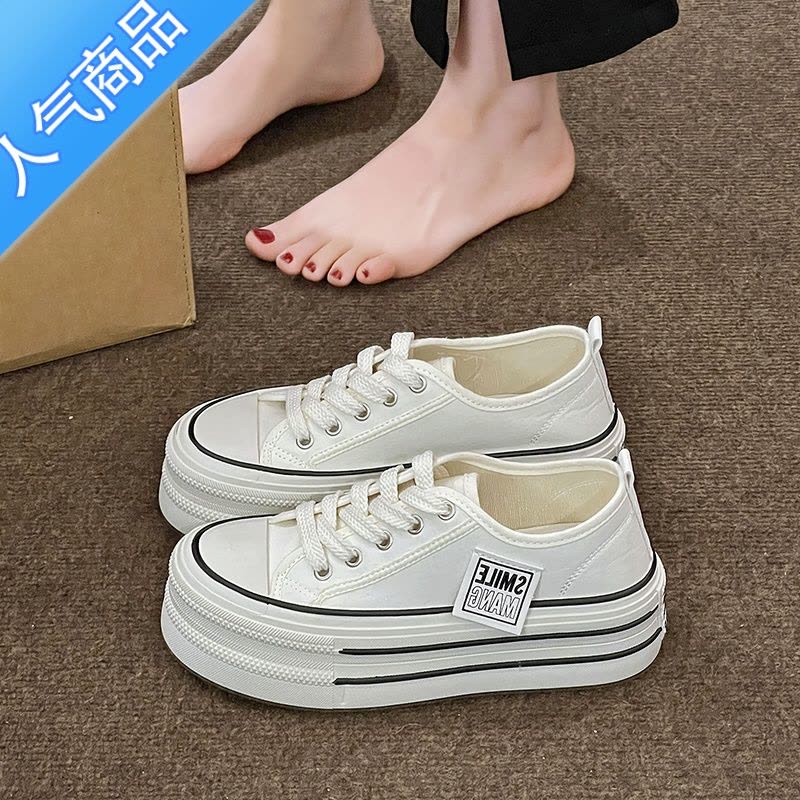 SUNTEK厚底帆布鞋女2023新款夏季松糕鞋百搭增高女鞋运动休闲板鞋小白鞋图片