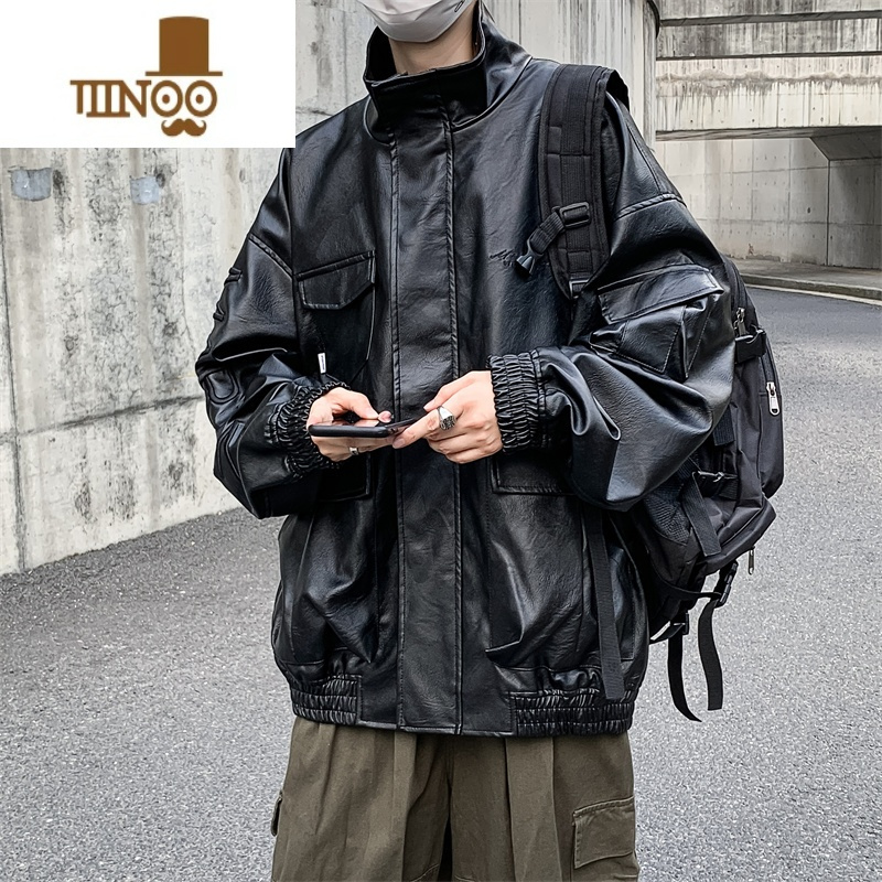 yanxu美式刺绣字母pu皮夹克外套男宽松休闲百搭机车保暖男士皮衣
