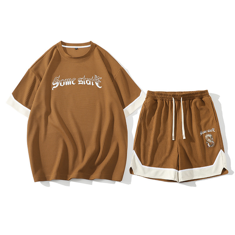 孟康mengkang华夫格短袖t恤套装男夏季潮牌ins运动服青年学生大码半袖