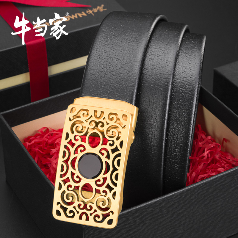 牛当家(CattleOWN)男士皮带真皮不锈钢金色镂空自动扣裤带商务青年中年腰带男黑色7286