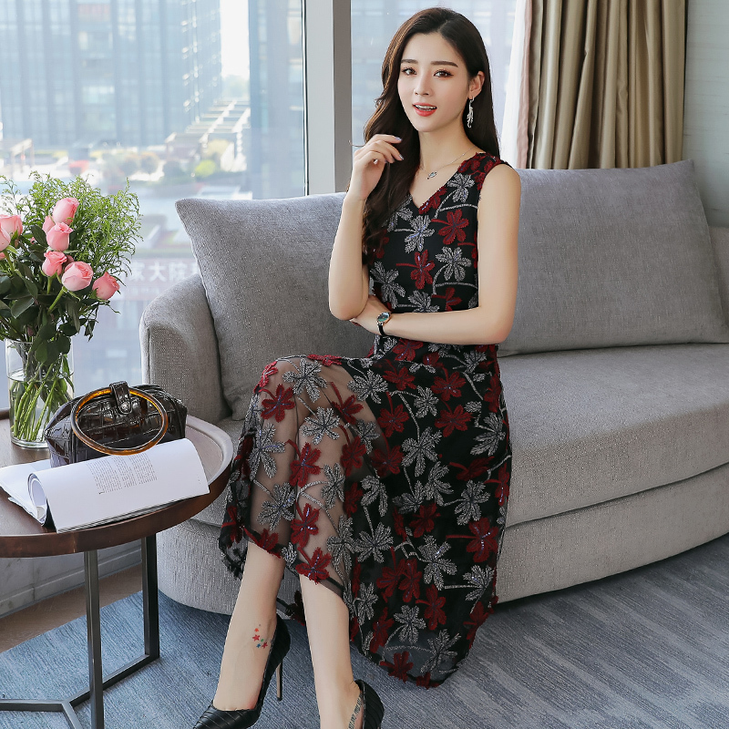 连衣裙夏款女士新品女中长款修身气质A字裙 韩版无袖印花网纱裙潮