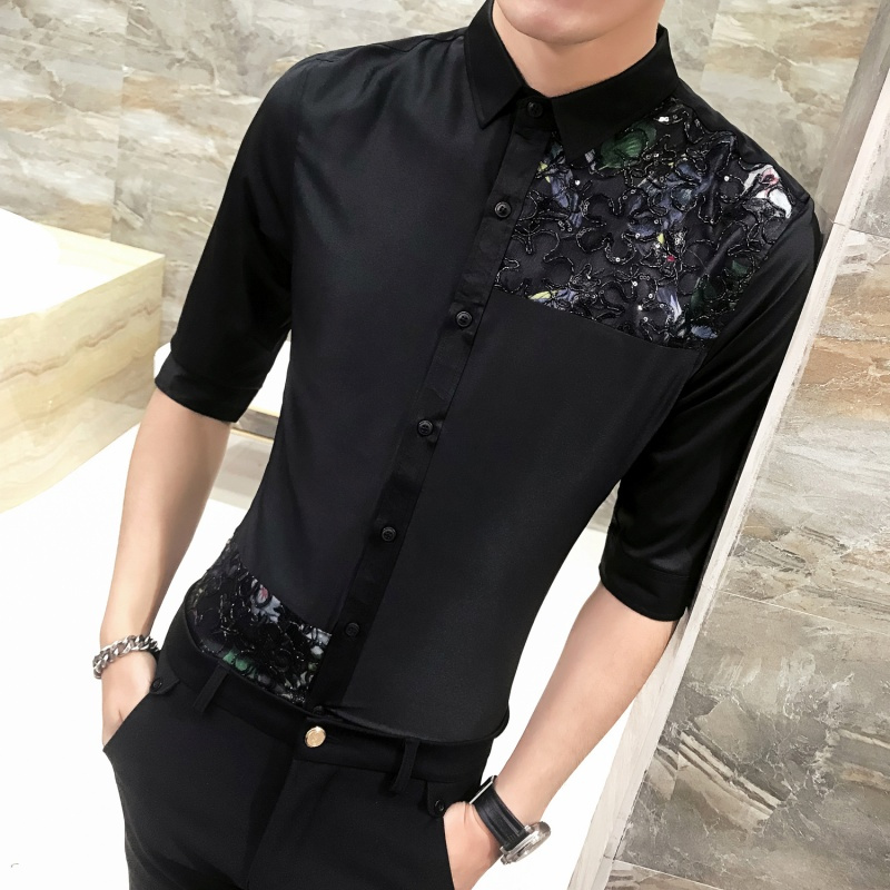 新款男蕾丝拼接时尚修身七分袖衬衫个性帅气中袖韩版型师潮短袖