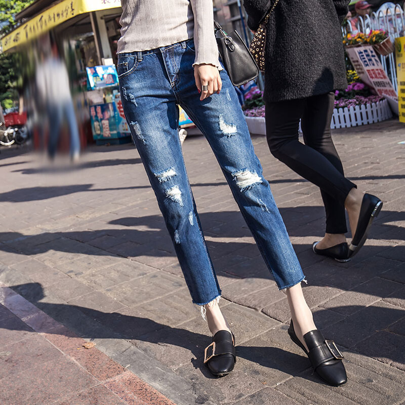 2018秋季款仔裤九分裤边破洞直筒裤哈伦宽松乞丐裤深蓝26一尺九