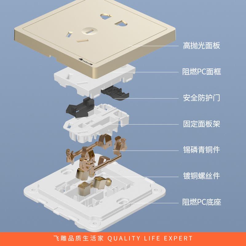 飞雕(FEIDIAO)开关插座 86型家用暗装超大面板 品意系列电源墙壁开关面板 品意金二开多控图片